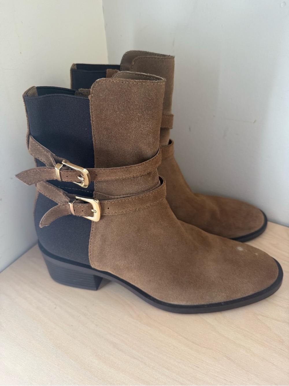 Zara Brown Suede Ankle Boots with Gold Buckle Straps